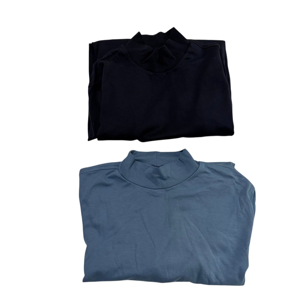 Lands' End Mock Neck Shirt Lot 2 Mens Large Blue Navy Long Sleeve Cotton Blend
